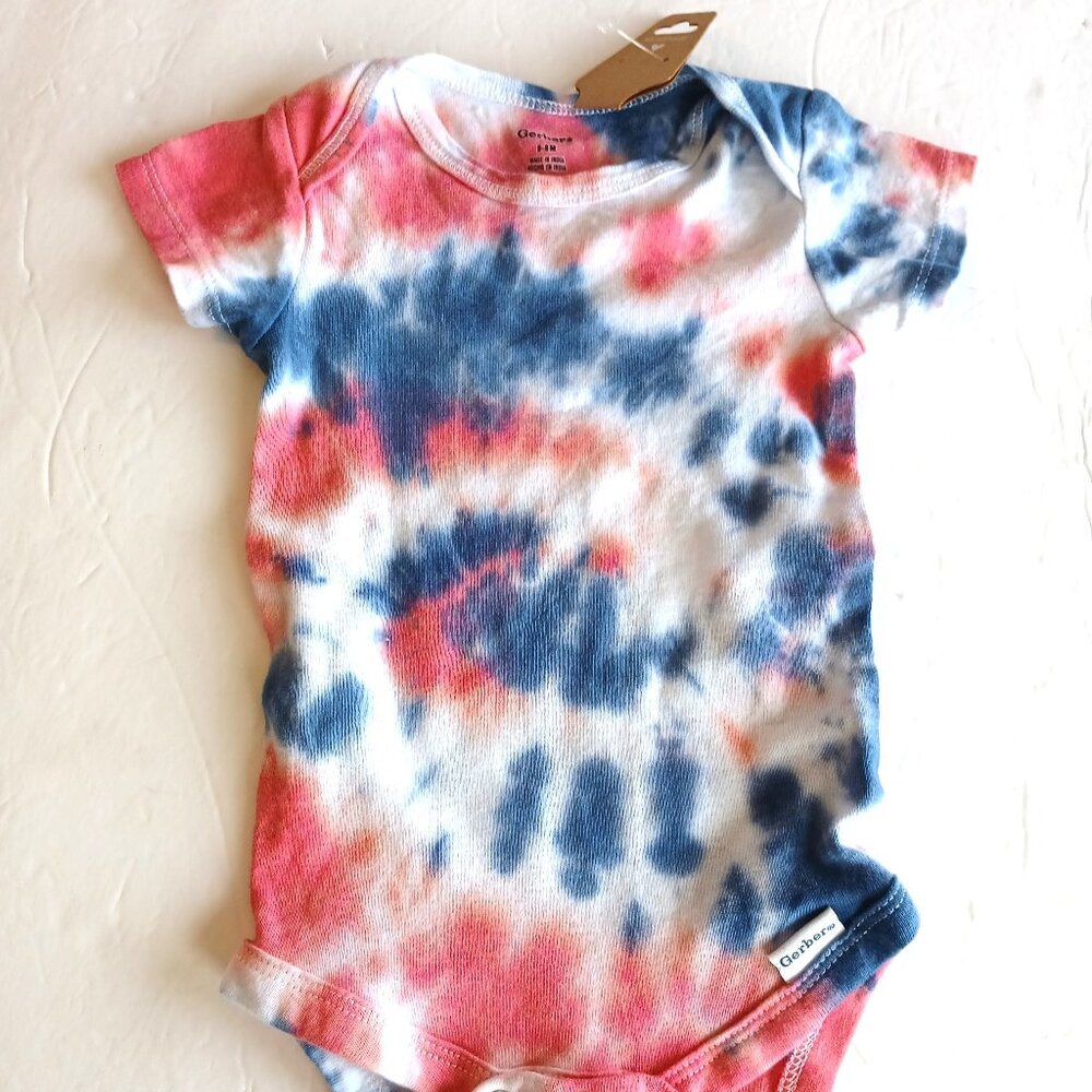 Tie Dye Snap Crotch Baby Bodysuit Red White Blue Swirl for 4th Of July 6/9 MOS
